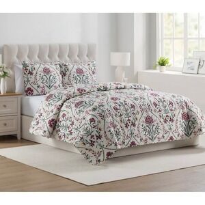 NEW 3 Piece Floral Quilt Set Full Queen Damask Floral Boho Cottage Feminine Pink